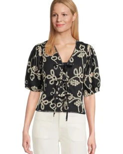 Embrodiery Short Sleeve Open Tie Front Top