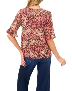 Floral Ruffle Cuff Crew Neck Top