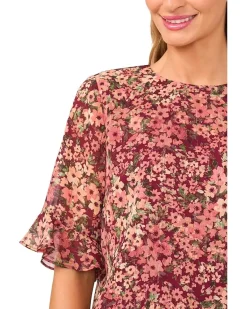 Floral Ruffle Cuff Crew Neck Top