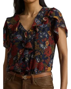 Floral Ruffle-Trim Georgette Blouse
