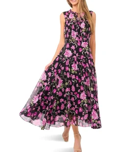 Floral Tie Neck Shirred Midi Dress
