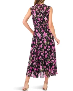 Floral Tie Neck Shirred Midi Dress
