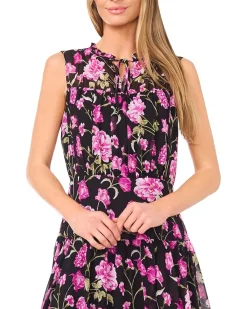 Floral Tie Neck Shirred Midi Dress