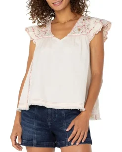 Flutter Sleeve V-neck Woven Blouse With Embroidery