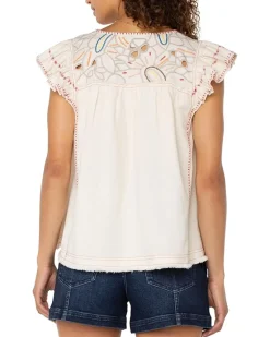 Flutter Sleeve V-neck Woven Blouse With Embroidery