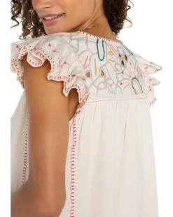 Flutter Sleeve V-neck Woven Blouse With Embroidery