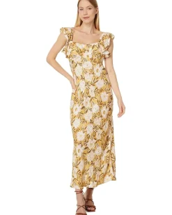 Flutter-Sleeve Slip Maxi Dress in Floral Cupro-Blend