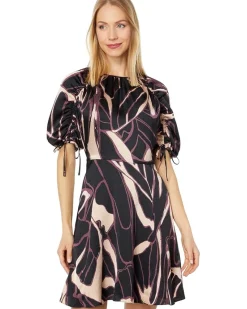 Gilliaa Printed Mini Fit-and-Flare with Puff Sleeve