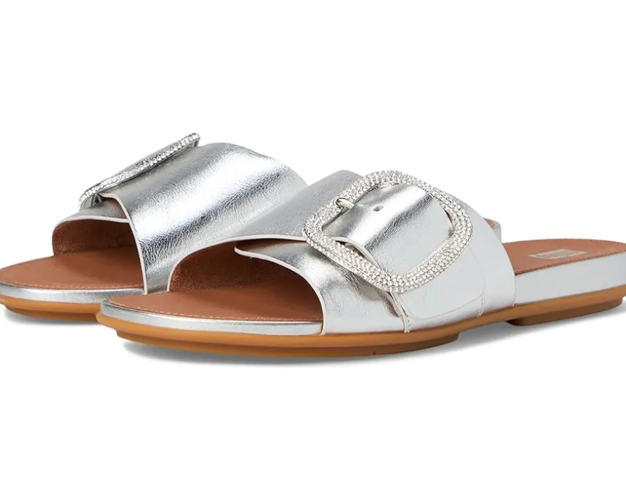 Gracie Crystal Maxi-Buckle Metallic-Leather Slides