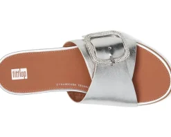 Gracie Crystal Maxi-Buckle Metallic-Leather Slides