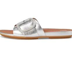 Gracie Crystal Maxi-Buckle Metallic-Leather Slides