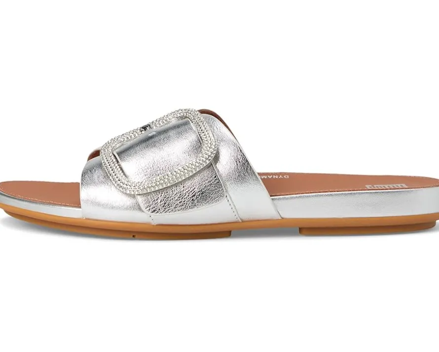 Gracie Crystal Maxi-Buckle Metallic-Leather Slides