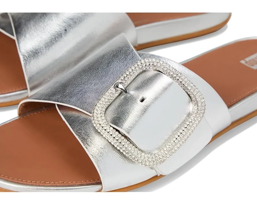 Gracie Crystal Maxi-Buckle Metallic-Leather Slides
