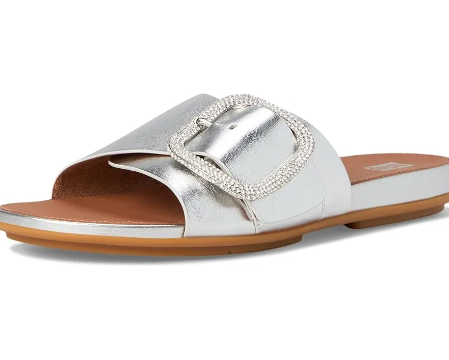 Gracie Crystal Maxi-Buckle Metallic-Leather Slides