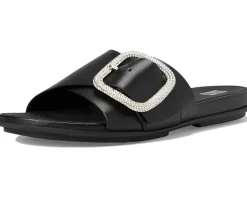 Gracie Crystal Maxi-Buckle Leather Slides