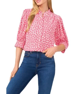 Heart Ruched Sleeve Hidden Placket Blouse