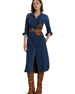 Horsebit-Trim Belted Denim Shirtdress