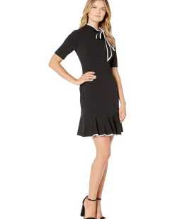 Knit Crepe Tie Neck Flounce Dress