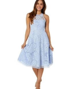 Lace Ruffle Halter Neck Fit-and-Flare Midi