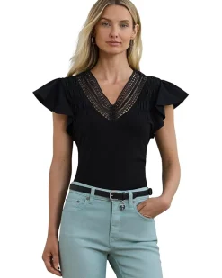 Lace-trim Jersey Flutter-sleeve Tee