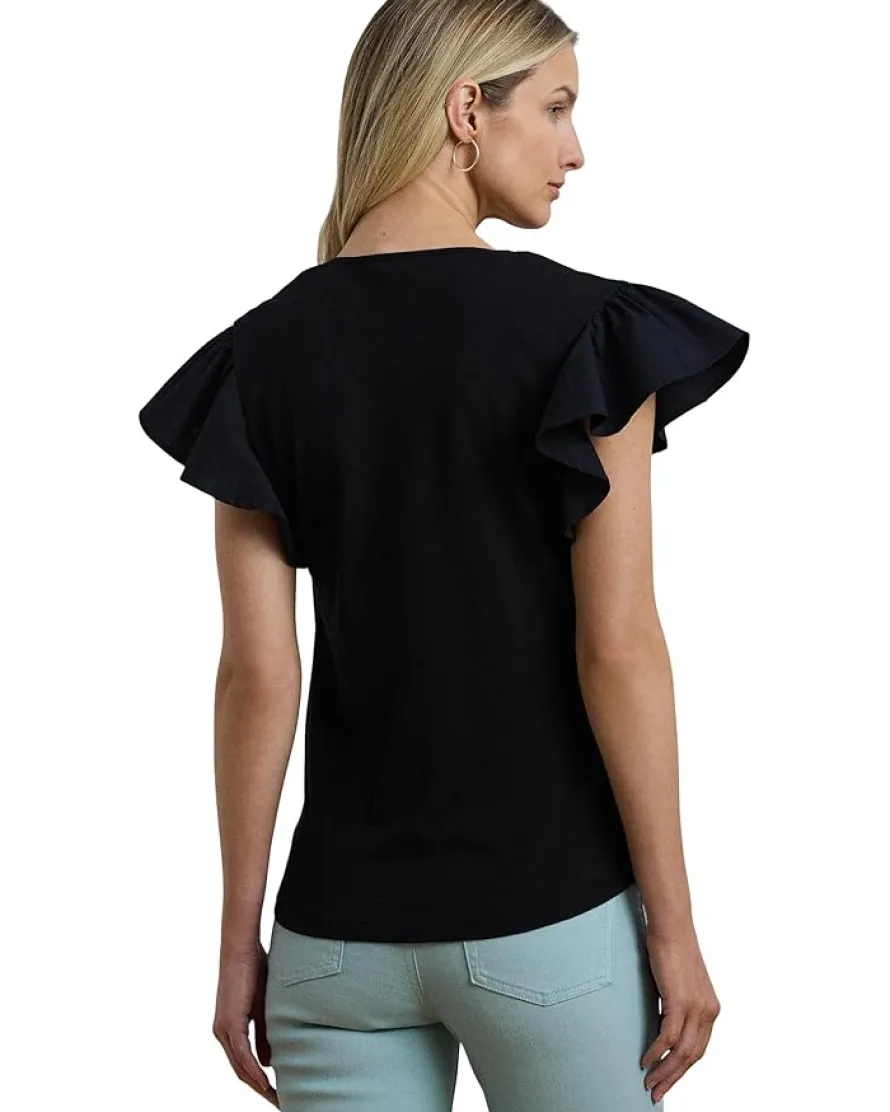 Lace-trim Jersey Flutter-sleeve Tee