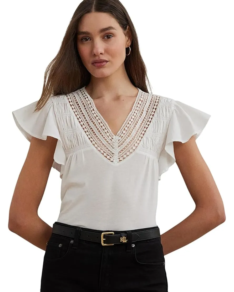 Lace-trim Jersey Flutter-sleeve Tee