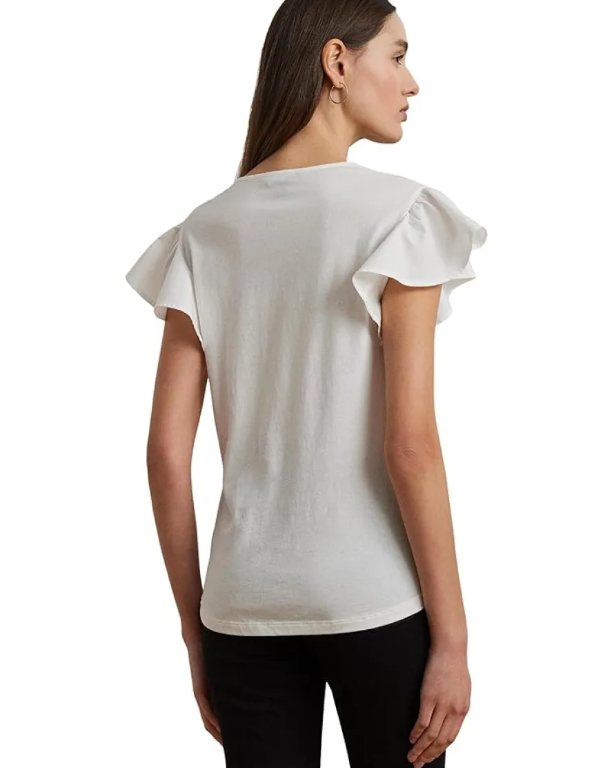 Lace-trim Jersey Flutter-sleeve Tee