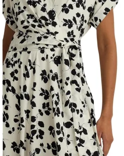 Leaf-Print Belted Crepe Dress