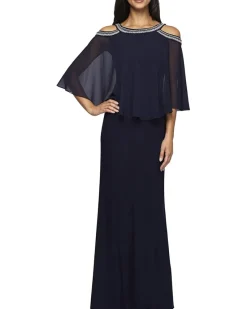 Long Chiffon Cold-Shoulder Popover Dress