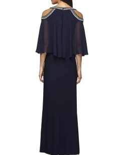 Long Chiffon Cold-Shoulder Popover Dress