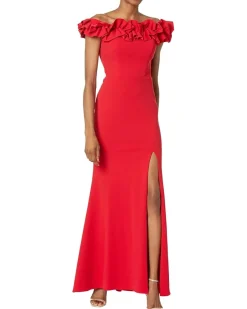 Long Crepe Over-the-Shoulder Ruffle Gown
