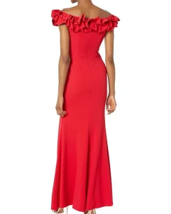 Long Crepe Over-the-Shoulder Ruffle Gown