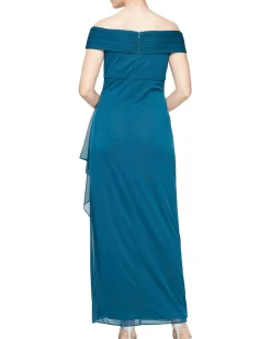 Long Off-the-Shoulder Mesh Dress with Embellished Neckline