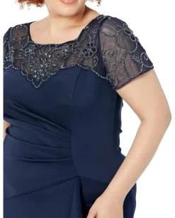 Long Scuba Dress with Ruching, Ruffles and Beading