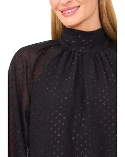Long Sleeve Bow Neck Clip Dot Blouse