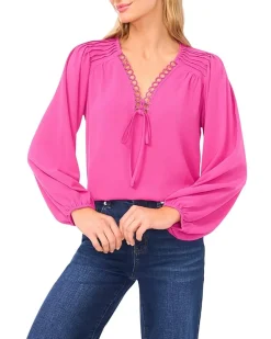 Long Sleeve Circular Trim Pintuck Top