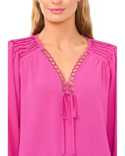 Long Sleeve Circular Trim Pintuck Top