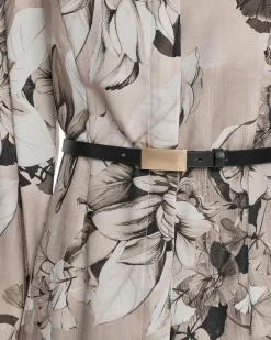 Long Sleeve Dot Crepe Belted Bubble Hem Midi