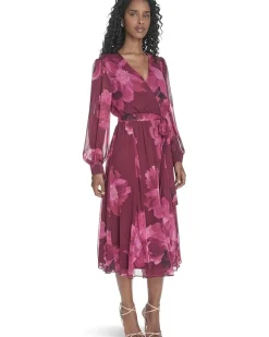 Long Sleeve Faux Wrap V-Neck Midi