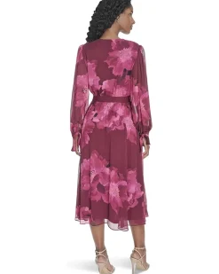 Long Sleeve Faux Wrap V-Neck Midi