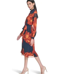 Long Sleeve Floral Chiffon Midi with Self Tie