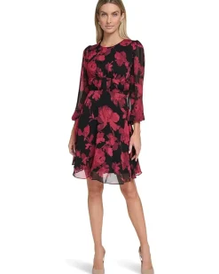 Long Sleeve Floral Chiffon A-Line