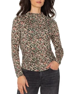 Long Sleeve Pleasted Mock Neck Knit Top with Shirring