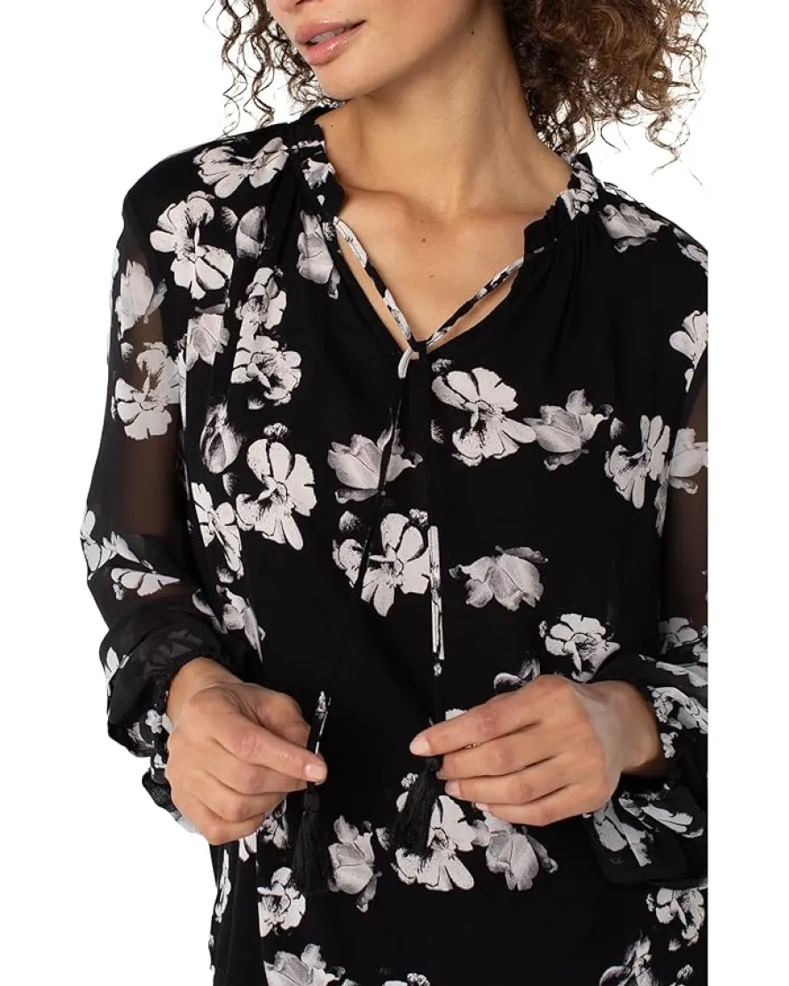 Long Sleeve Popover Shirred Woven Blouse