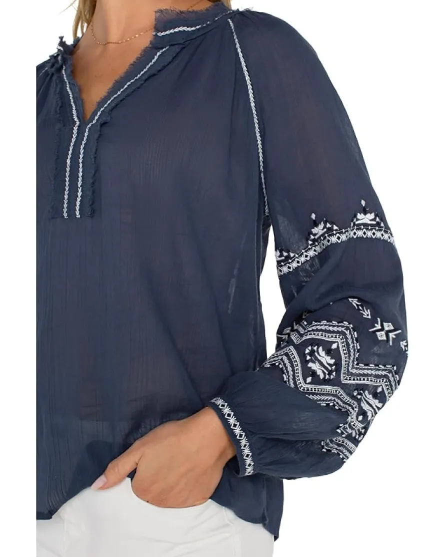 Long Sleeve Raglan Woven Blouse With Embroidery