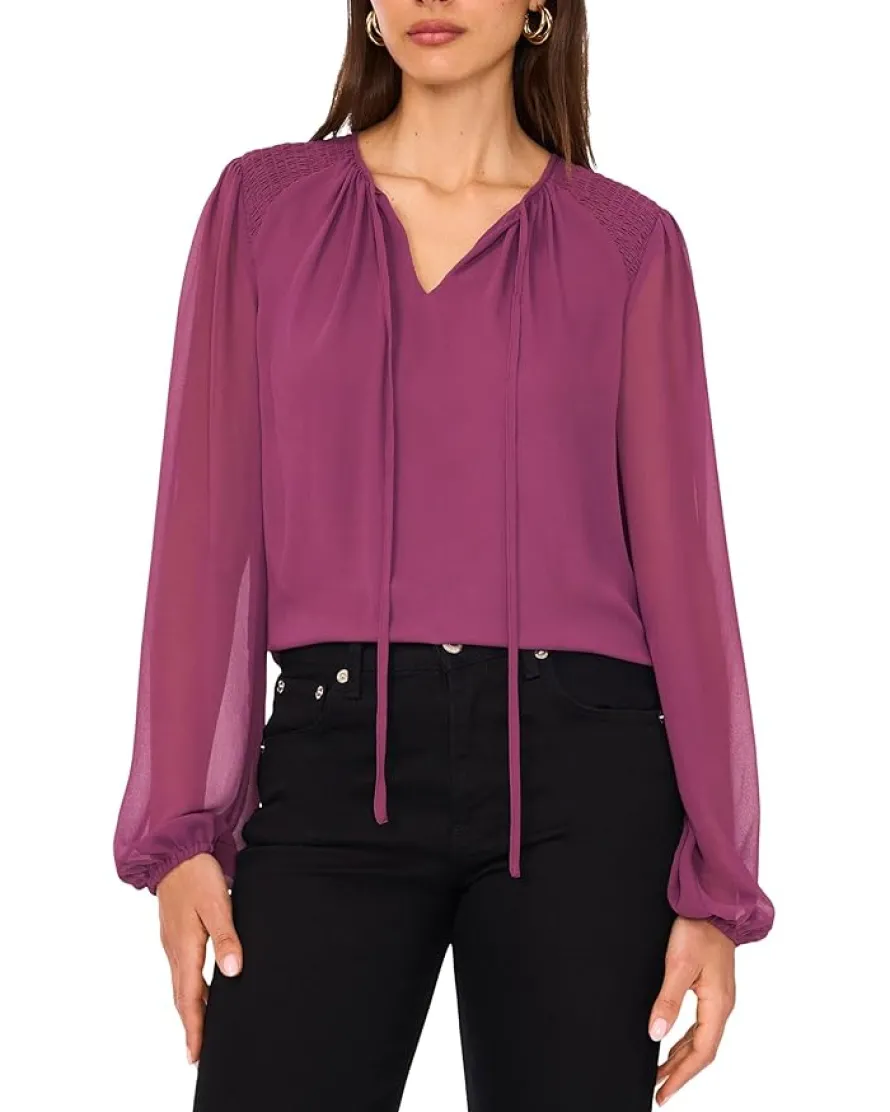 Long Sleeve Ruched Shoulder Tie Neck Blouse