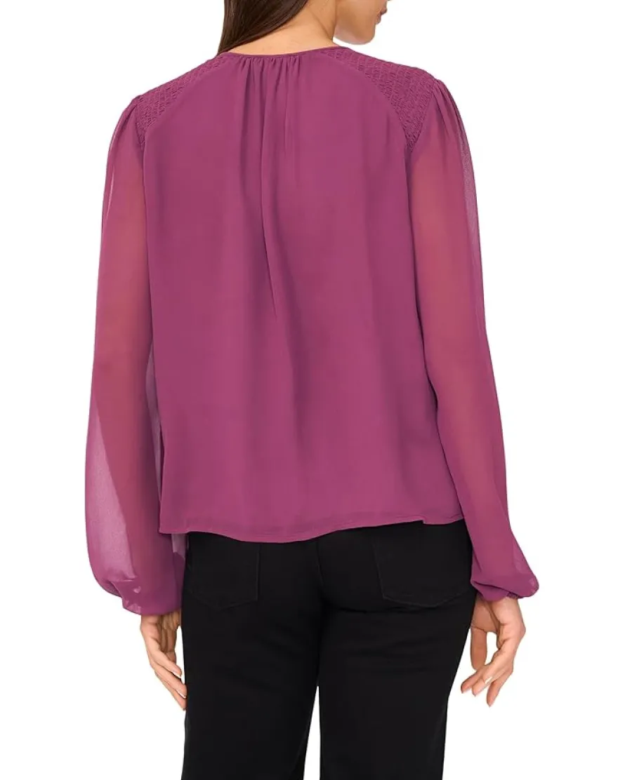Long Sleeve Ruched Shoulder Tie Neck Blouse