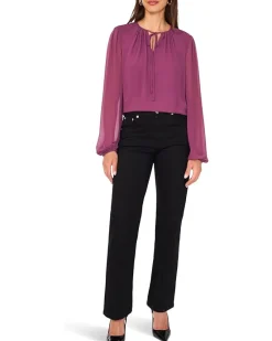 Long Sleeve Ruched Shoulder Tie Neck Blouse