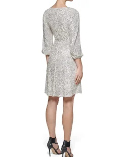 Long Sleeve Sequin Surplice Faux Wrap