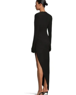 Long Sleeve Shoulder Pad V-Neck Side Drape Gown